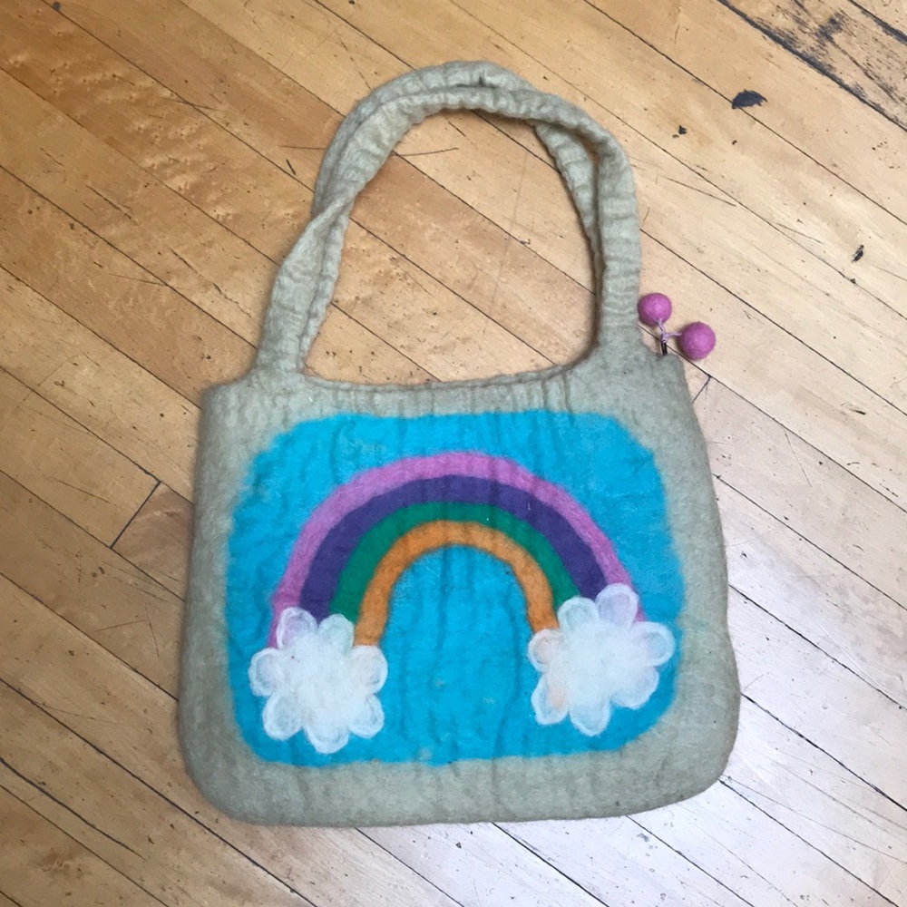 Alpaca knit purse with polkadots and clouds with rainbow
